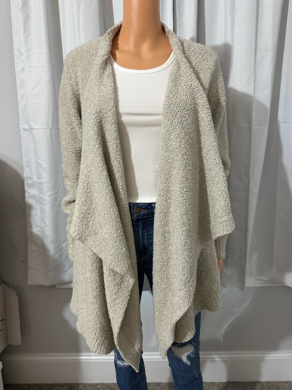 Cool Ugg size L beige open front waterfall tunic cardigan sweater pockets women